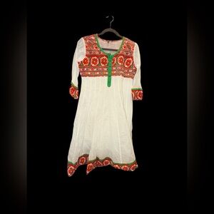 Embroidered White Dress gauze with Red and Green Accents made in INDIA med
